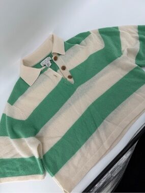 Rachel Zoe 100% Cashmere Striped Polo Sweater Cropped Green Preppy Size XS